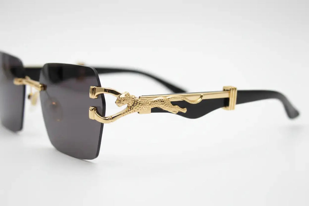 Gold Panther Rimless Sunglasses – Luxury UV Protection Eyewear Raunaq