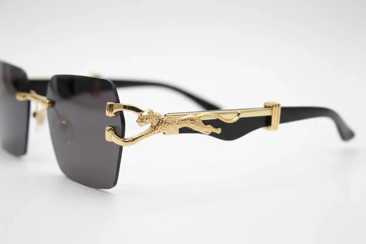 Gold Panther Rimless Sunglasses – Luxury UV Protection Eyewear Raunaq